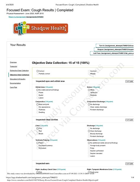 Danny Rivera Shadow Health Objective Data